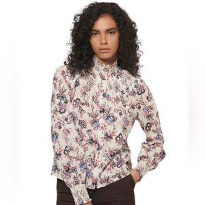 10 Crosby Derek Lam Helen Smocked Cotton Blouse Ivory Multi Size 0